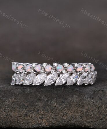 Marquise cut Moissanite Wedding Band Half Eternity Stacking Band Unique Opal Wedding Ring Women Matching Band Promise Anniversary Ring