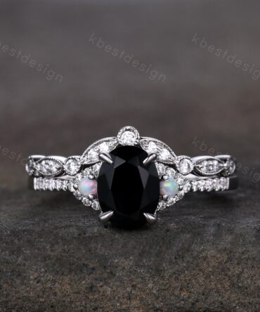 Oval cut Black Spinel Engagement Ring Set White Gold Women Stacking Ring Unique Curved Moissanite Wedding Band Vintage Bridal Promise Ring