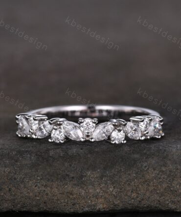 Unique Moissanite cluster wedding band half eternity marquise cut moissanite wedding ring Vintage stacking matching band Anniversary gift