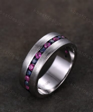 Mens Wedding Ring, Mens Blue Sapphire Wedding Band, 8mm Band, Brushed Finish Band, Mens Ruby Wedding Ring, Mens Ring, Personalized Ring