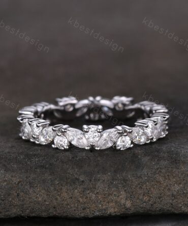 Unique Moissanite wedding band women Marquise cut eternity band White gold wedding band vintage Stacking Matching bridal ring promise ring