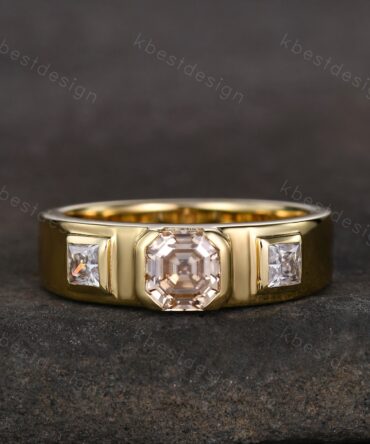 Mens Asscher Cut Champagne Moissanite Ring, 14K Yellow Gold Asscher Cut Ring, Three Stone Moissanite Engagement Ring, Bezel set Mens Band