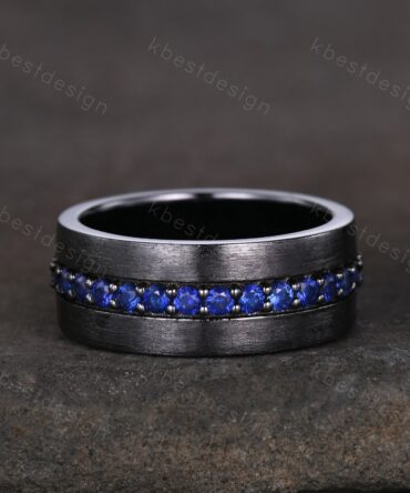 Mens Blue Sapphire Wedding Band in Black Gold, 8mm Comfort Fit Sapphire Wedding Band, September Birthstone, Anniversary Gift for Him