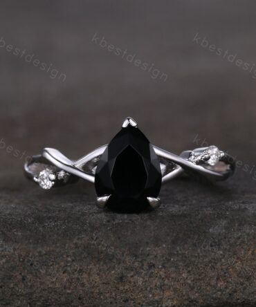Twig Pear shaped black onyx ring silver vintage nature inspired unique black gemstone engagement ring antique bridal wedding ring for women