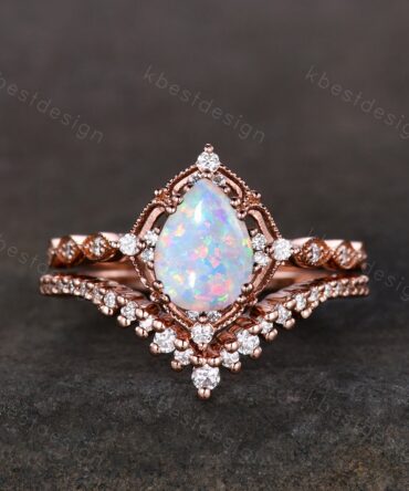 Pear shaped Opal engagement ring set rose gold opal ring vintage moissanite wedding ring October birthstone ring unique bridal wedding set