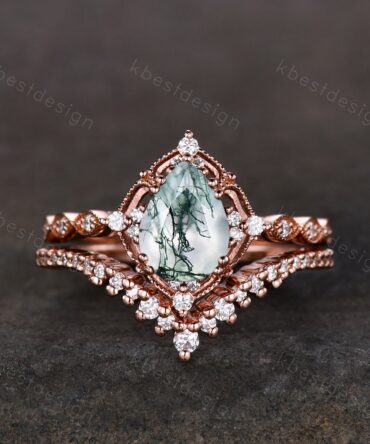 Vintage moss agate engagement ring set rose gold green moss agate ring unique curved Moissanite stacking band pear shaped bridal wedding set