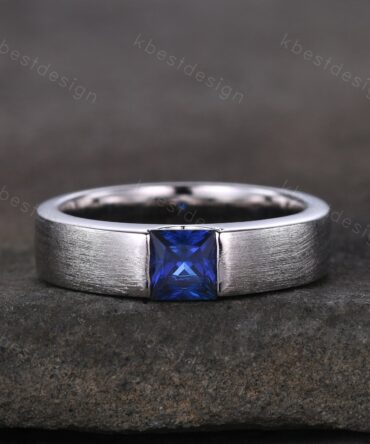 Sapphire Mens Wedding Ring 5mm Princess cut Blue Sapphire Mens Ring Brushed Finish Band September Ring for Him Mens White Gold Ring