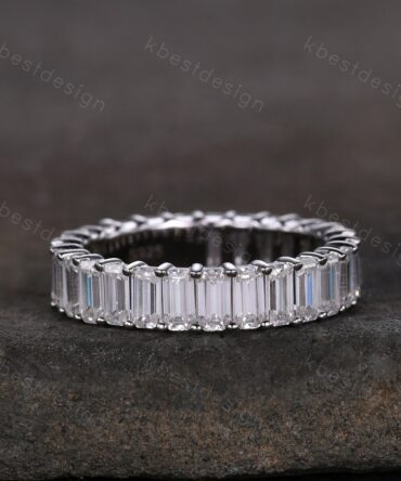 Vintage Baguette Cut Moissanite Wedding Band Women White Gold Rings Unique Engagement Ring Band Eternity Stacking Band Bridal Promise Ring