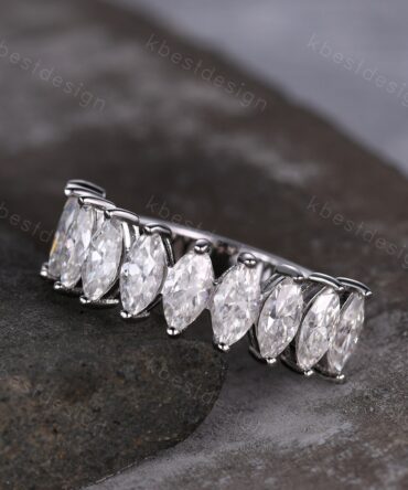Vintage Moissanite wedding band women Marquise cut Half eternity band White gold wedding band unique Stacking bridal ring promise ring