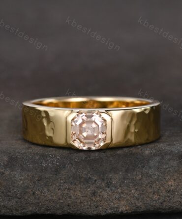 Mens Champagne Moissanite Wedding Band, Asscher Cut Moissanite Mens Wedding Band, Solid Gold 10k/14k/18k Wedding Ring, Mens Hammered Ring