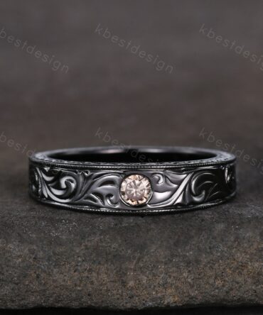 Mens Champagne Moissanite Wedding Band Antique Filigree Black Gold Wedding Band Vintage Mens Stacking Band Unique His Wedding Ring