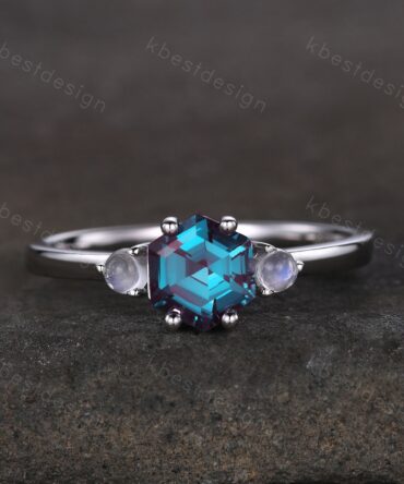 Vintage Alexandrite engagement ring hexagon cut ring silver moonstone wedding ring three stone engagement ring bridal promise ring