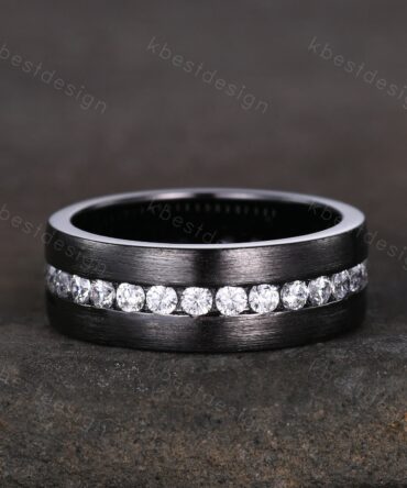 Mens Moissanite Wedding Band Black Gold Moissanite Band Brushed Finish Band Mens 7mm Stacking Matching Band Retro Vintage Ring