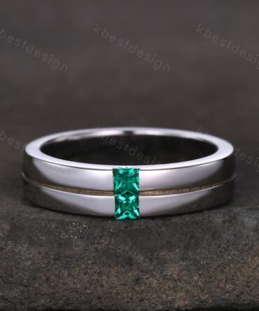 Mens Green Emerald Wedding Band, Princess Cut Double Green Emeralds Mens Wedding Band, Solid Gold 10k/14k/18k Wedding Ring