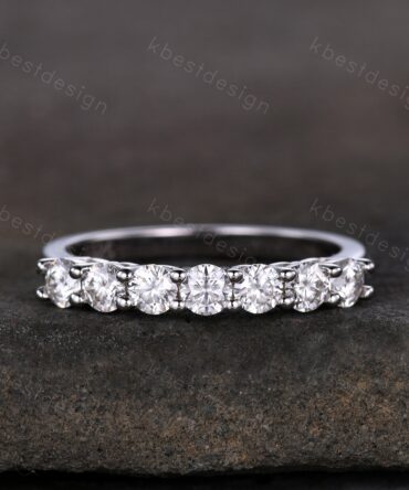 3mm Moissanite wedding band women Round cut 7 stone ring Unique Silver wedding band vintage Stacking Matching bridal ring promise ring