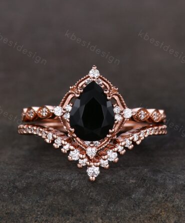 Vintage black onyx engagement ring rose gold ring art deco curved stacking band pear shaped bridal set unique moissanite wedding set