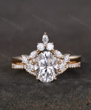 Vintage Moissanite engagement ring Yellow gold ring art deco curved stacking band Oval cut bridal set unique moissanite wedding ring set
