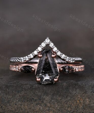 Coffin shaped black rutilated quartz engagement ring set unique curved Moissanite stacking band Rose gold vintage bridal wedding ring set