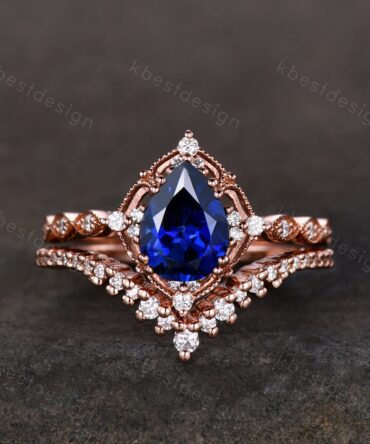 Vintage blue sapphire engagement ring set rose gold ring art deco curved stacking band pear shaped bridal set unique moissanite wedding set