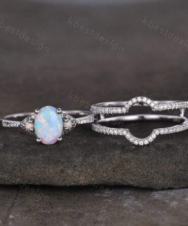 Vintage Opal engagement ring sterling silver wedding ring set double curved women stacking ring unique moissnaite bridal wedding ring set