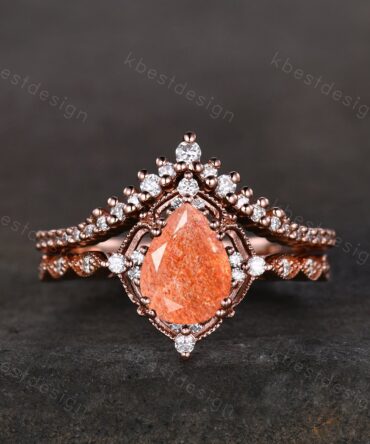 Vintage Sunstone engagement ring rose gold ring art deco curved stacking band pear cut bridal set unique moissanite wedding ring set