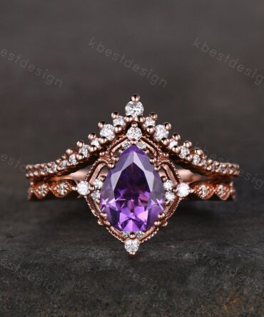 14K Rose Gold Amethyst Engagement Ring Set Vintage Pear Amethyst Bridal Set Unique Curved Moissanite Wedding Ring Anniversary Promise Gift