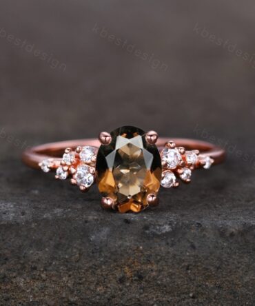 Smoky quartz engagement ring vintage rose gold Unique cluster engagement ring women Moissanite wedding Bridal Anniversary ring