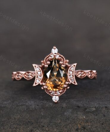 Vintage Smoky Quartz Engagement Ring Rose Gold Pear cut Brown Quartz Ring Unique Moon Goddess Ring Art Deco Moissanite Bridal Promise Ring
