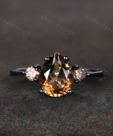 Pear shaped smoky quartz Engagement Ring Black Gold three stone engagement ring Vintage champagne Diamond Wedding ring Bridal promise ring