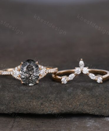 Vintage black rutilated quartz engagement ring 14k yellow gold oval cut ring art deco curved stacking band unique moissanite bridal ring set