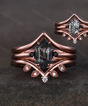 Antique Black Rutilated Quartz Engagement Ring Set Hexagon cut Ring Unique Art Deco Moissanite Stacking Matching Band Bridal Promise Set