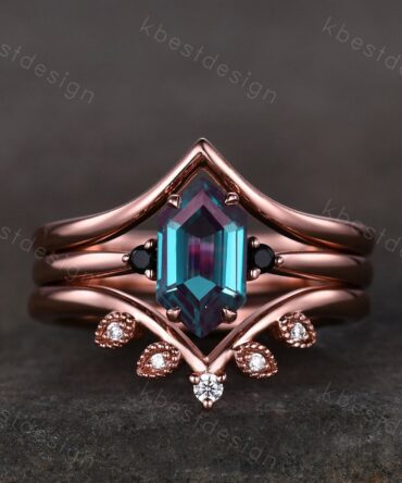 Vintage unique hexagon cut Alexandrite engagement ring set rose gold ring set Antique moissanite stacking matching band bridal wedding set