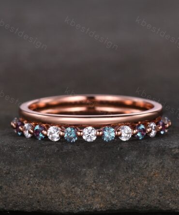 Unique Alexandrite Wedding Band Solid 14k Rose Gold Rings Moissanite Wedding Band Half Eternity Band Vintage Bridal Anniversary Ring