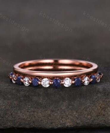 2mm Blue Sandstone Wedding Band Rose Gold Half Eternity Stacking Band Colorless Moissanite Ring Women Matching Band Promise Anniversary Ring