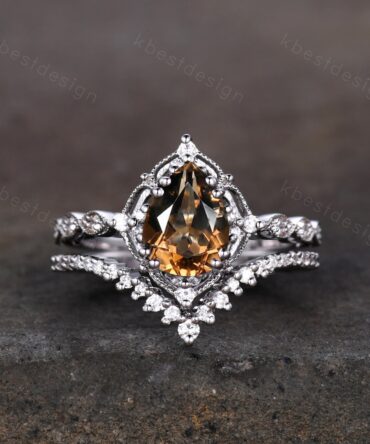 Vintage smoky quartz engagement ring silver ring art deco curved stacking band pear cut bridal set unique moissanite wedding set Brown ring