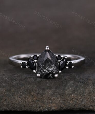 Vintage black rutilated quartz engagement ring sterling silver ring art deco cluster ring pear shaped bridal ring unique black spinel ring