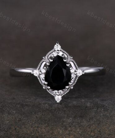 Pear Cut Natural Black Onyx Engagement Ring Unique Art Deco Moissanite Ring Sterling Silver Ring Black Gemstone ring Bridal Promise Ring