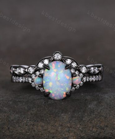 Vintage white opal engagement ring black gold rings art deco curved stacking matching band oval cut bridal set unique moissanite wedding set