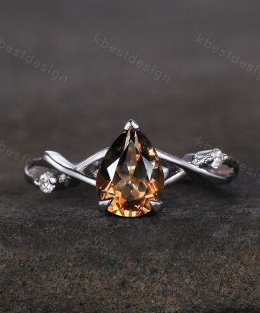 Pear cut Brown Quartz Ring Sterling Silver Smoky Quartz Engagement Ring Unique Twig Moissanite Ring Nature Inspired Ring Promise Ring