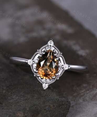 Smoky Quartz Solitaire Engagement Ring Silver Ring Pear cut Brown Quartz Ring Milgrain Art Deco Moissanite Ring Unique Bridal Promise Ring