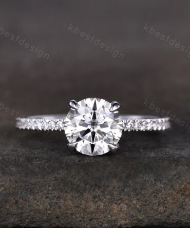 Round cut moissanite ring vintage moissanite engagement ring white gold unique hidden halo engagement ring promise wedding ring for women