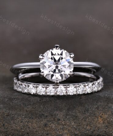1.25CT Moissanite Engagement Ring Set 14K White Gold Round cut Moissanite Ring 2mm Half Eternity Stacking Matching Band Bridal Wedding Set