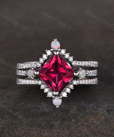 Vintage Unique princess cut Ruby engagement ring set sterling silver ring set curved opal moissanite stacking bands art deco wedding rings