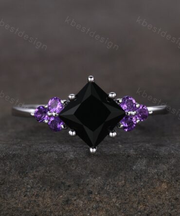 Vintage Princess cut Black onyx engagement ring women Sterling Silver Unique Cluster ring Amethyst Wedding ring Bridal anniversary gift