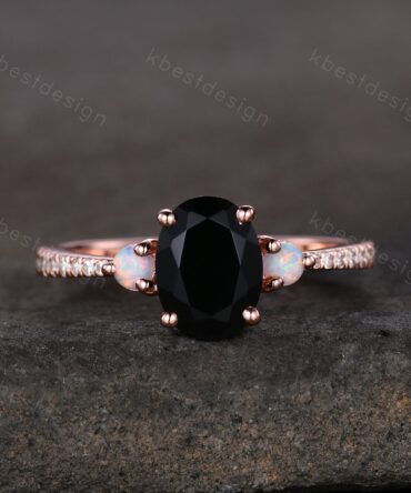 Oval cut black onyx engagement ring Rose gold opal three stone ring women moissanite wedding ring unique black gemstone ring promise ring