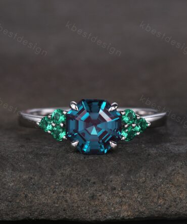 Vintage octagon cut Alexandrite engagement ring silver gold ring green emerald cluster ring unique wedding ring women anniversary ring gift