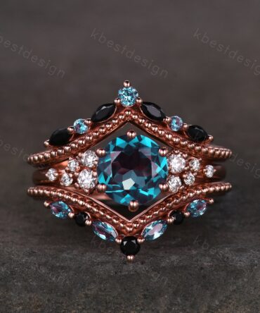 Round cut Alexandrite Engagement Ring set Rose gold Moissanite cluster Ring Vintage Unique Marquise cut Black Spinel ring double curved Band