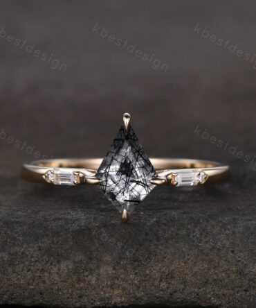 Kite cut black rutilated quartz ring 14k yellow gold ring vintage unique engagement ring three stone baguette cut moissanite ring handmade