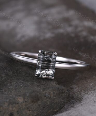 Emerald cut Black Rutilated Quartz ring women vintage unique black gemstone ring minimalist solitaire engagement ring Promise ring