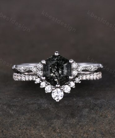 Hexagon cut black rutilated quartz engagement ring sterling silver art deco moissanite ring women black stone ring unique wedding ring set